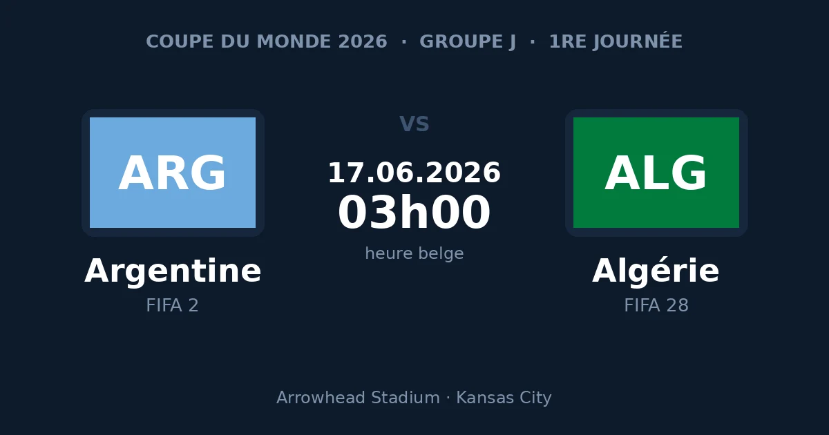 Carte du match Argentine – Algérie, Groupe J de la Coupe du Monde 2026, le 17 juin à 03h00 heure belge