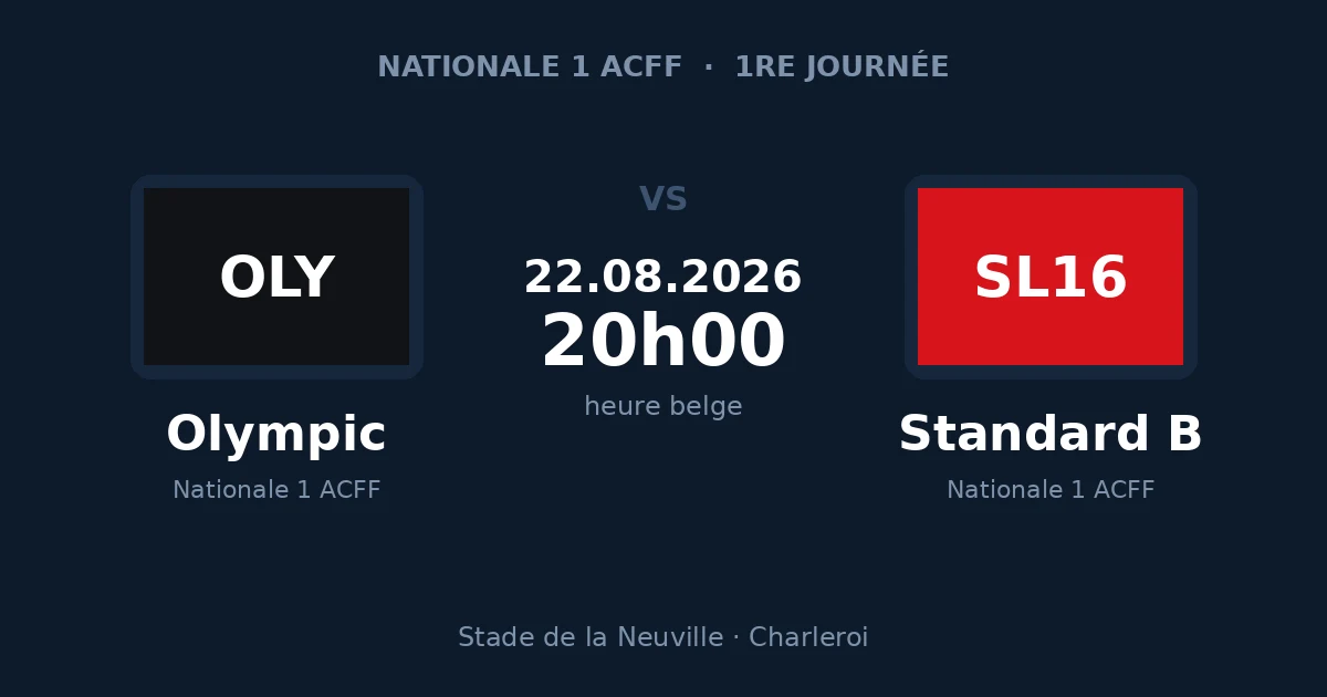 Carte du match Olympic Charleroi – Standard B, 1re journée de Nationale 1 ACFF, 26 août 2026 à La Neuville