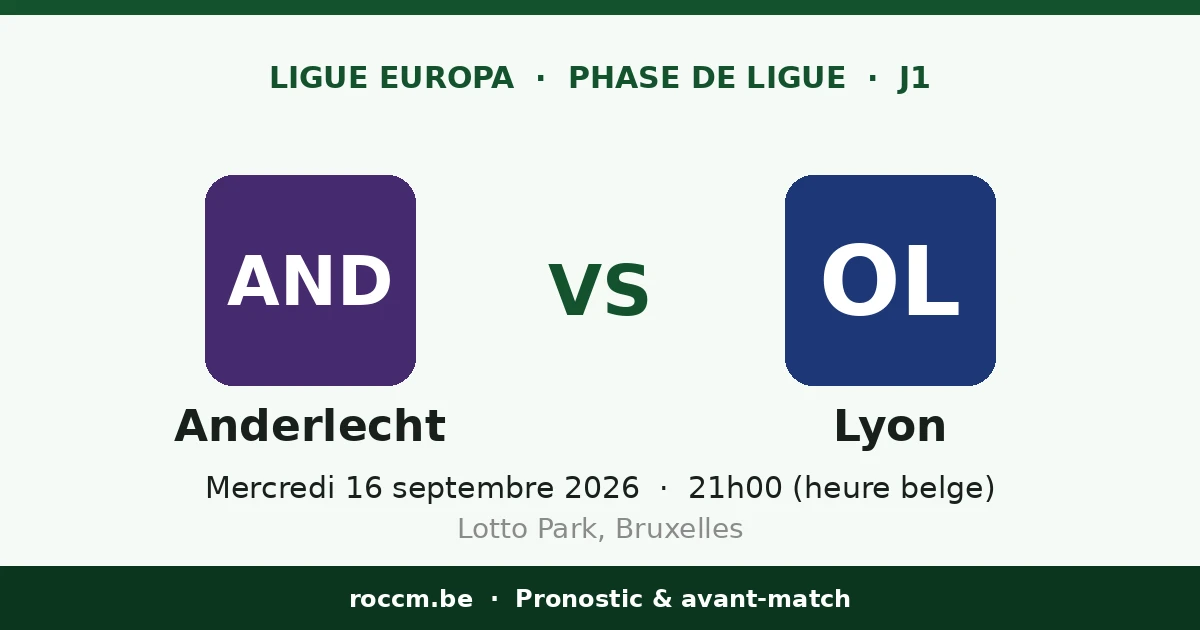 Pronostic Anderlecht – Lyon, 1re journée de la phase de ligue de la Ligue Europa, mercredi 16 septembre 2026 au Lotto Park