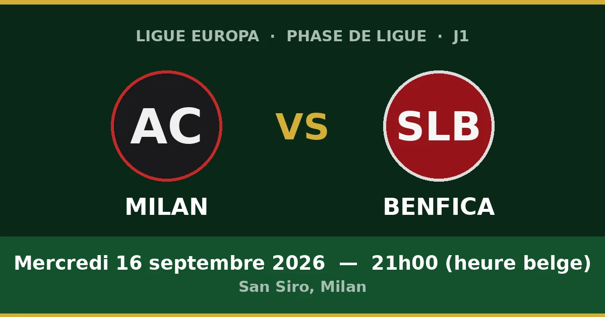 Pronostic Milan – Benfica, 1re journée de la phase de ligue de la Ligue Europa, mercredi 16 septembre 2026 au San Siro