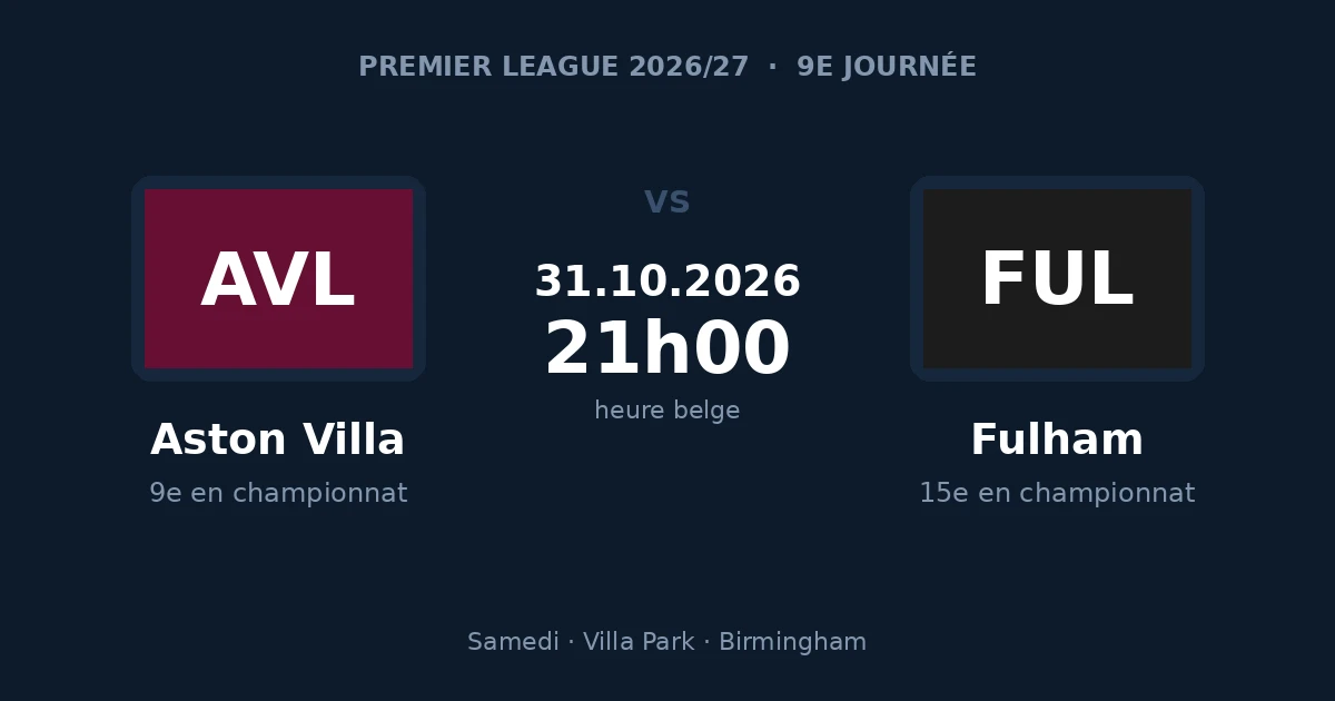 Pronostic Aston Villa – Fulham, Premier League, 31 octobre 2026 à Villa Park