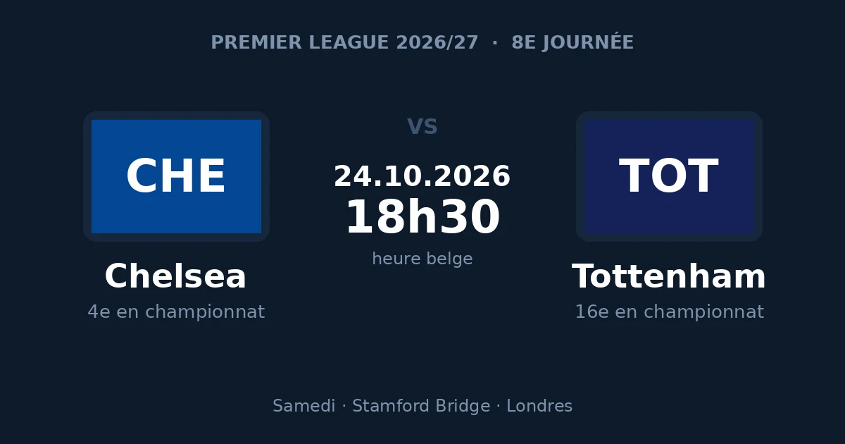 Pronostic Chelsea – Tottenham, Premier League, 24 octobre 2026 à Stamford Bridge