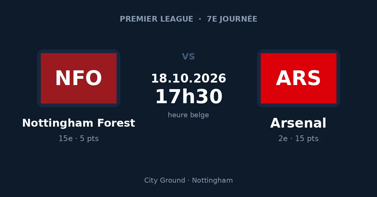 Pronostic Nottingham Forest – Arsenal, Premier League, 18 octobre 2026 au City Ground
