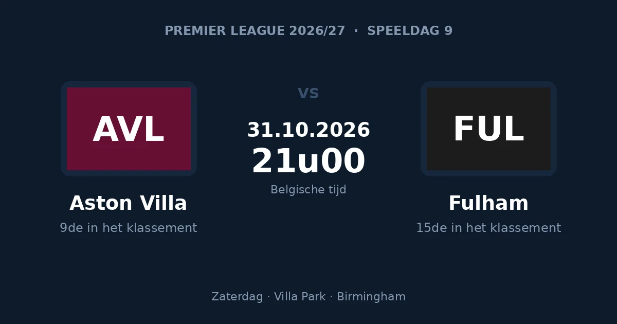 Voorspelling Aston Villa – Fulham, speeldag 9 van de Premier League, 31 oktober 2026 in Villa Park
